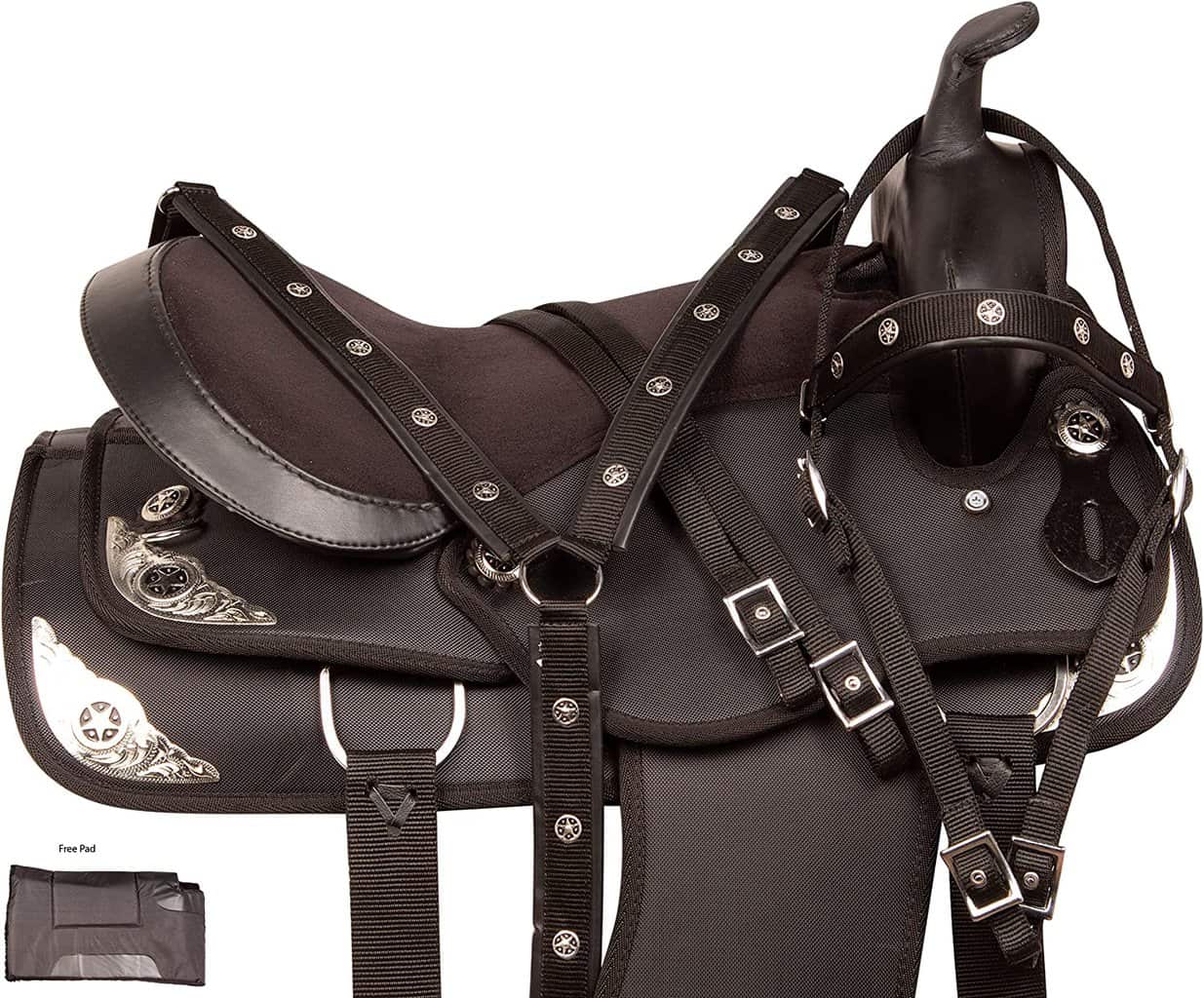  BEAUTIFUL WESTERN PLEASURE TRAIL BARREL RACING SHOW HORSE SADDLE FREE TACK SET PAD SILVER CRYSTALS